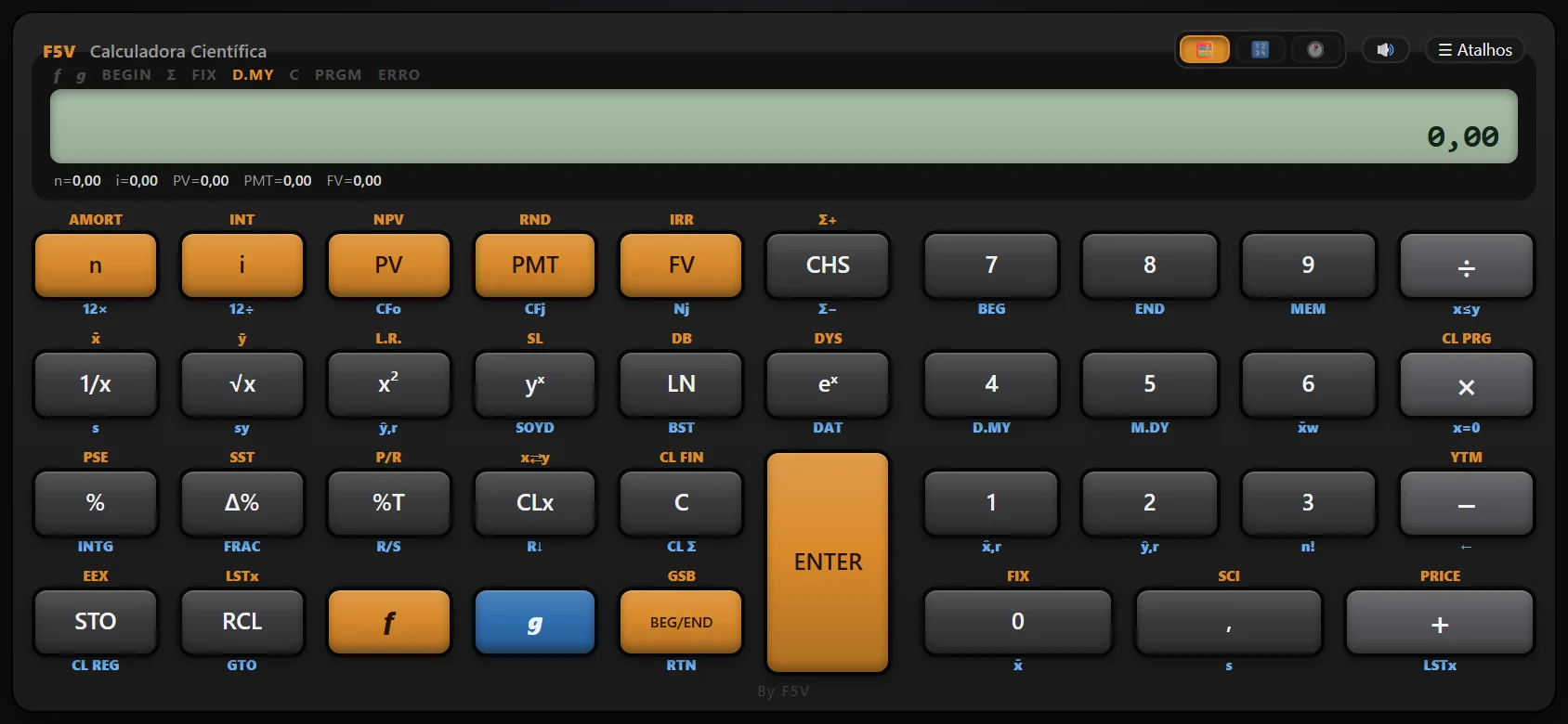 F5V Calc financeira na horizontal, no estilo da HP 12C